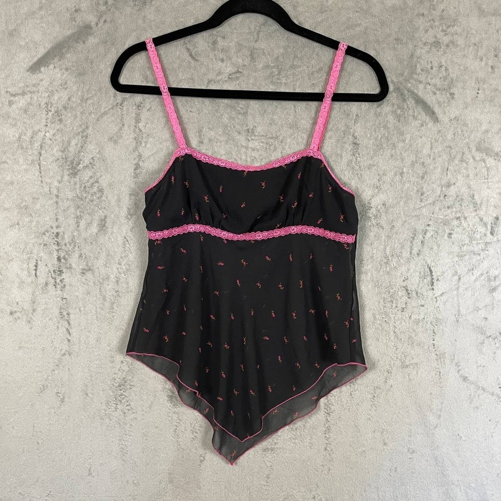 Y2K Black Floral Sheer Cami Top Pink Lace Babydoll Lingerie Goth Size M